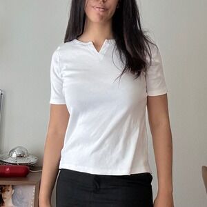 Talbots Petite White 100% Pima Cotton Notched V-Neck Short Sleeve Tee LP